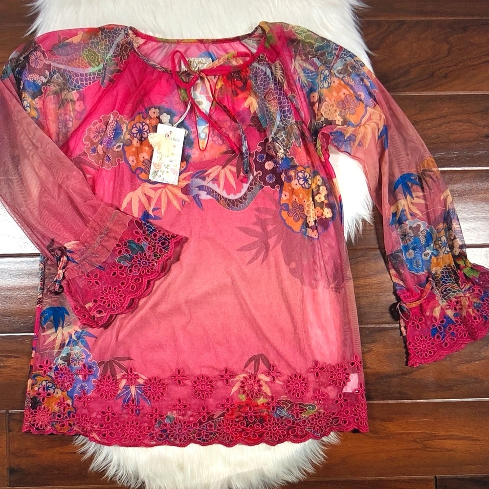 Johnny Was Sheer Floral Tie-Neck Blouse in Red and Pink